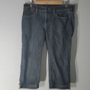 Bcbgmaxazria jeans women's size 12 31 blue tan accent stitching capri cropped‎